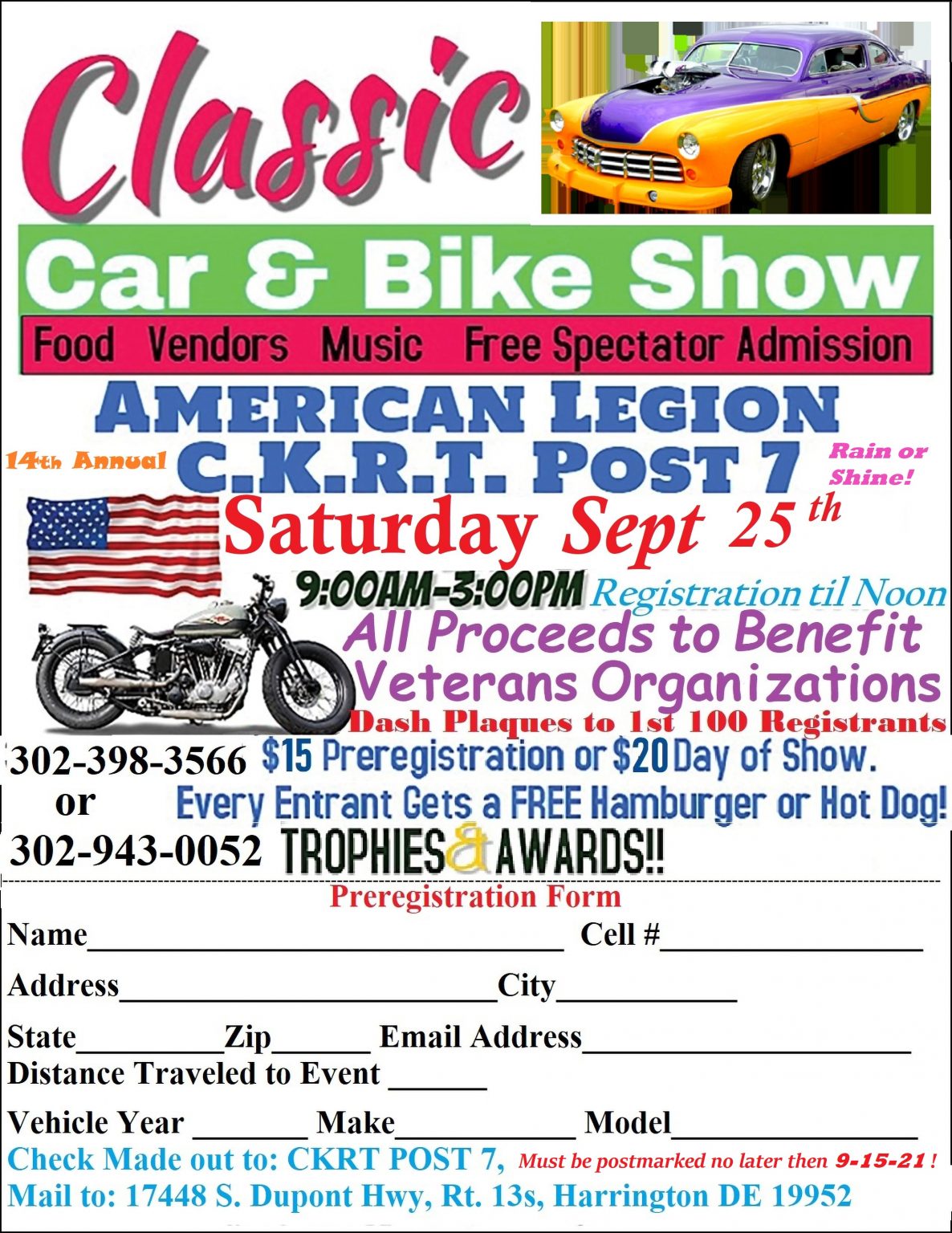 American Legion Post 7 14th Annual Car & Bike Show Sept 25th
